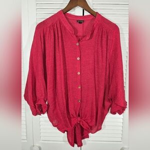 Coco + Carmen Red Tie Front Button Down Long Sleeve Collarless Top Sz L/XL